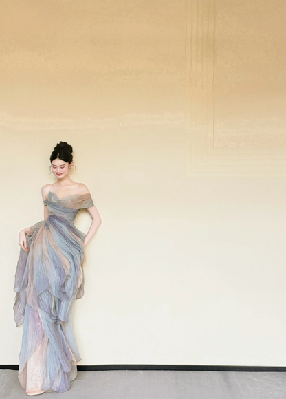 Off Shoulder Watercolor Ombre Ruffle Tulle Prom Gown  NV7417