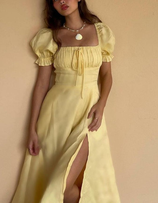 Robe de bal jaune élégante à manches longues bouffantes et fente latérale, robe d'anniversaire, robe de soirée, robe d'invitée de mariage nv1710