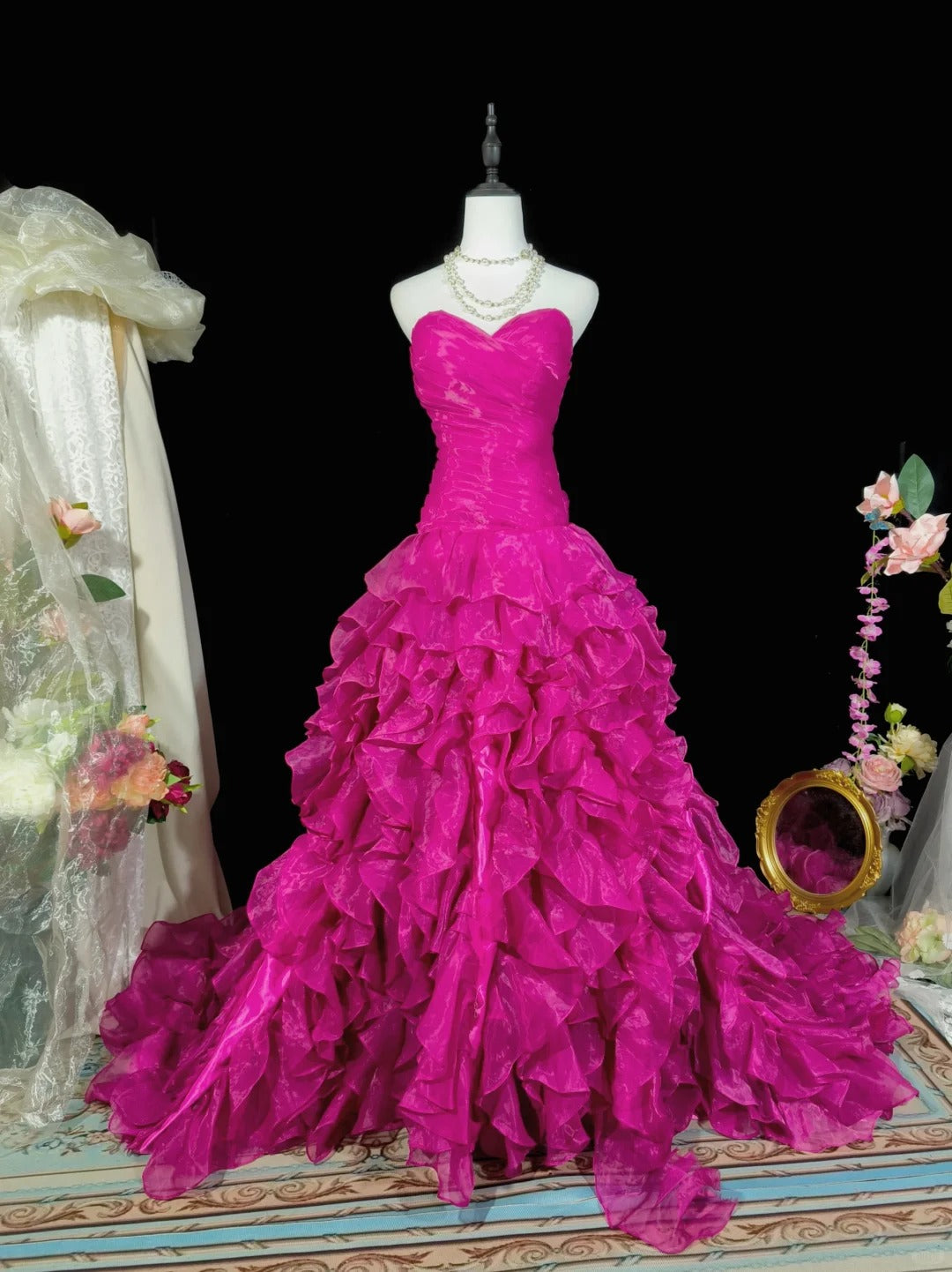 Dark pink stylish elegant long tulle ball gown evening dress nv4777