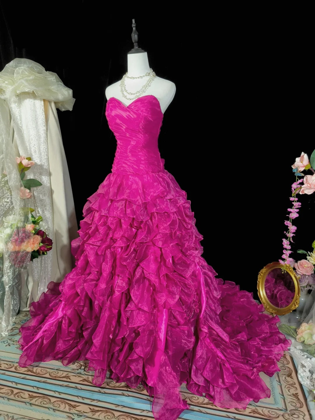 Dark pink stylish elegant long tulle ball gown evening dress nv4777