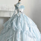 Hellblaues süßes florales langes Tüll-Ballkleid-Abendkleid Quinceanera-Kleider nv4995