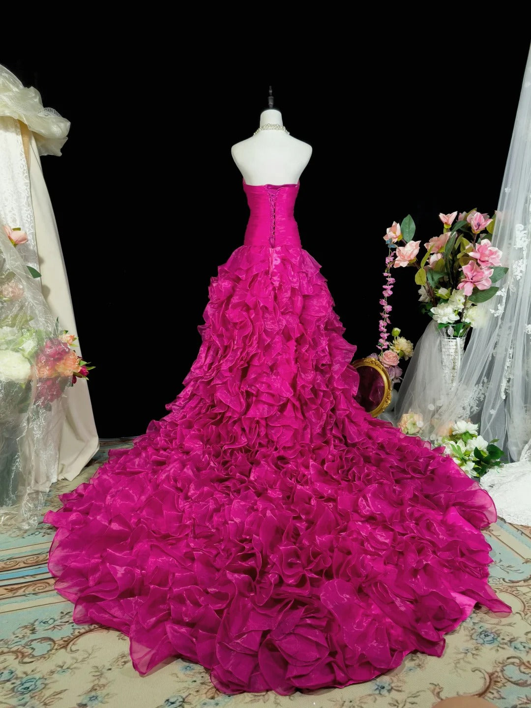 Dark pink stylish elegant long tulle ball gown evening dress nv4777