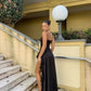 Black Fashion Spaghetti Straps Elegant Long Satin Ruffle Slit Sexy Ball Gown Evening Dress Party Dress nv3535
