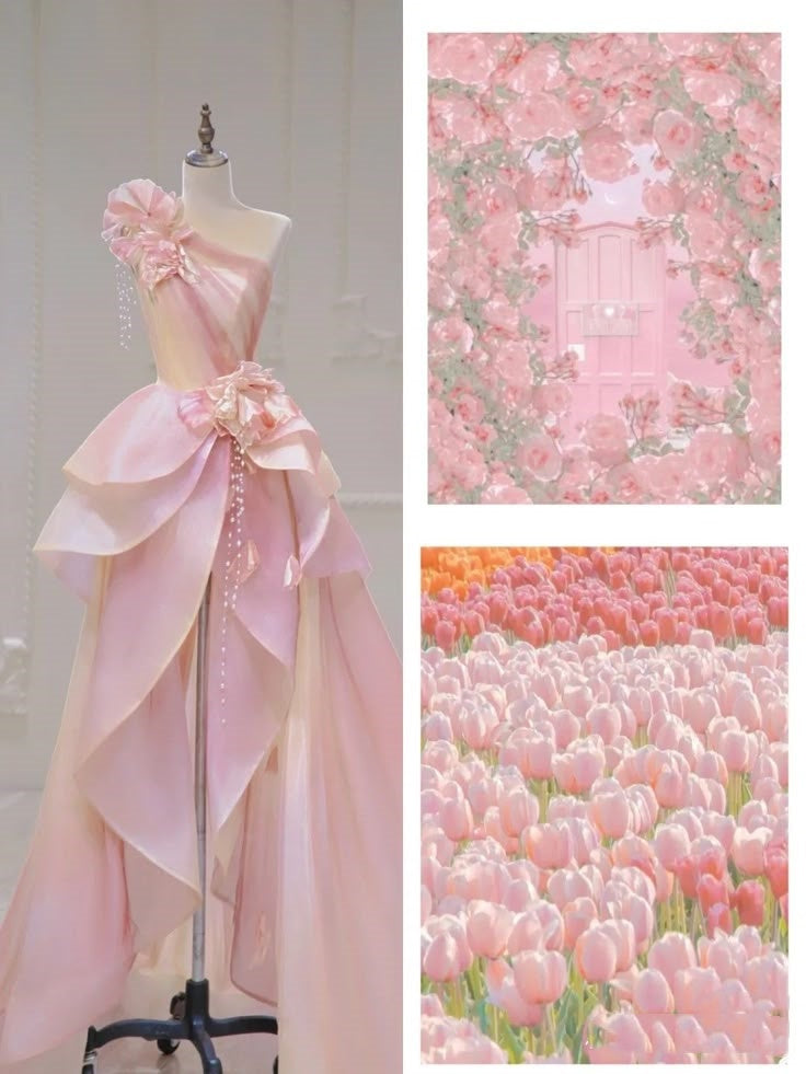 Robe de soirée longue en satin et tulle rose, élégante et exquise, à fleurs perlées, épaules dénudées, longueur au sol, à paillettes, nv3821