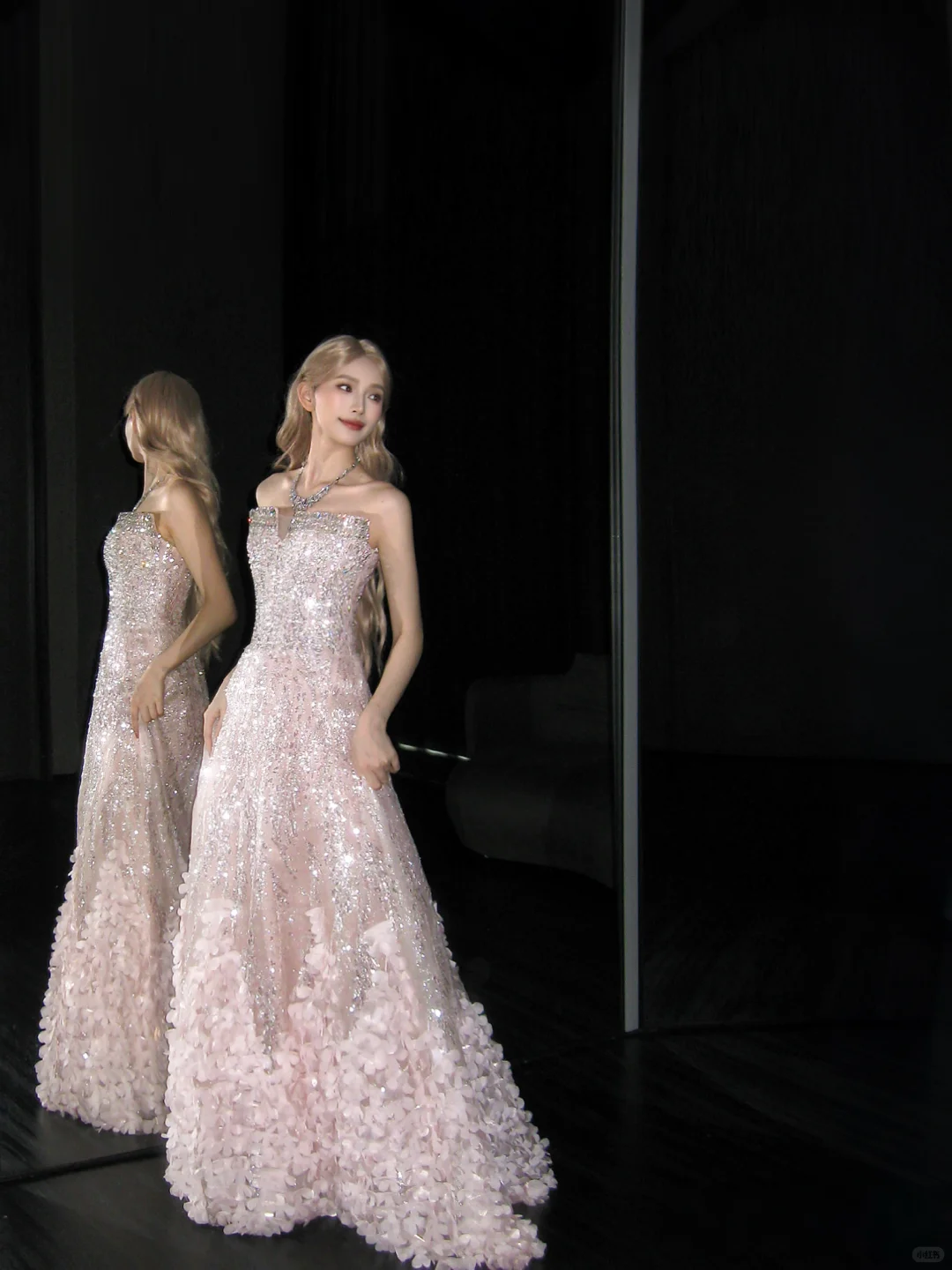Strapless Light Pink Ball Gown Prom Dress, Sequin 3D Petal Evening Gown  NV7107