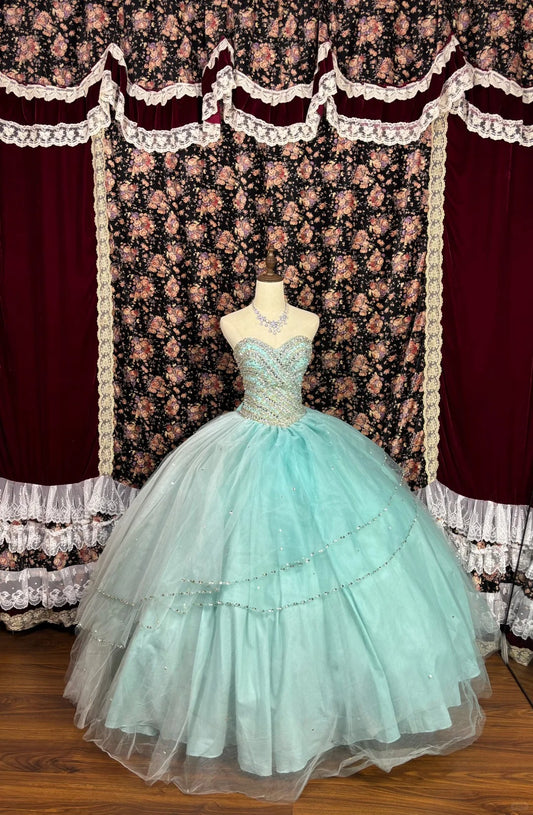 Mint green beaded princess long tulle ball gown evening dress quinceanera dress nv4648