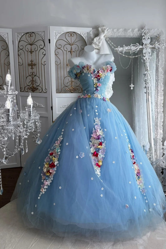 Cinderella's Garden – Hellblaues, trägerloses 3D-Blumenkleid, Prinzessinnen-Ballkleid NV6844