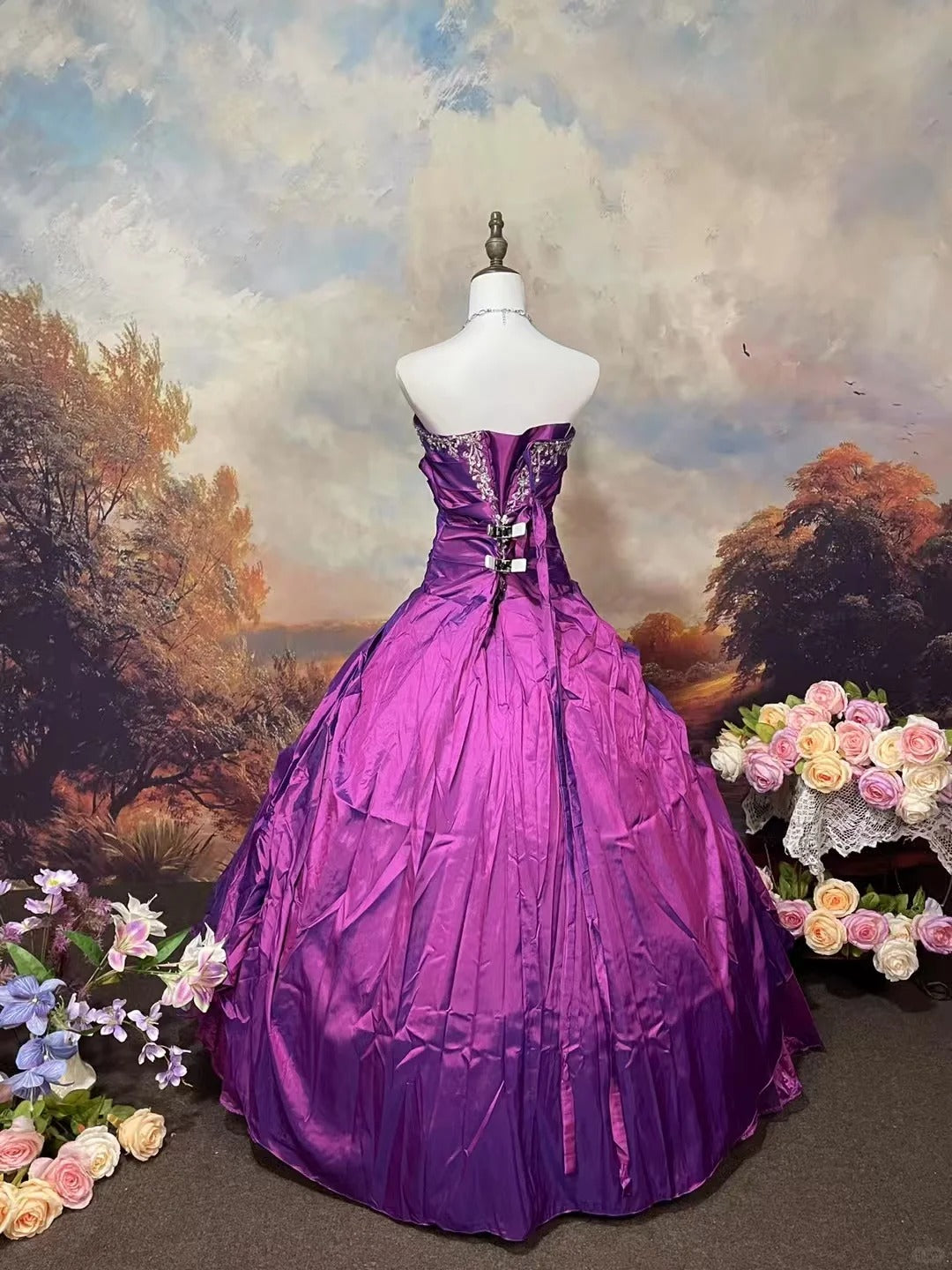 Purple Vintage Fashion Elegant Floral Exquisite Beading Long Satin Floor Length Ball Gown Evening Dress nv4064