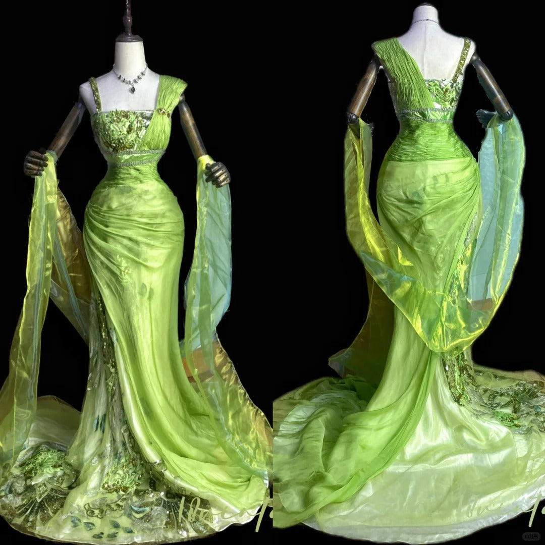 Green Luxury Gorgeous Shiny Vintage Fashion Floral Exquisite Beaded Sequins Long Mermaid Slim Fit Chiffon Ball Gown Evening Gown nv4062