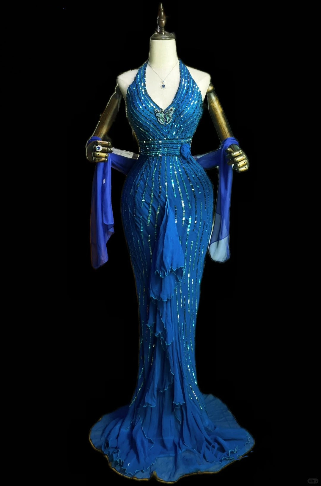 Blue Luxury Gorgeous Shiny Vintage Fashion Floral Exquisite Beaded Sequins Long Mermaid Slim Fit Chiffon Ball Gown Evening Gown nv4061