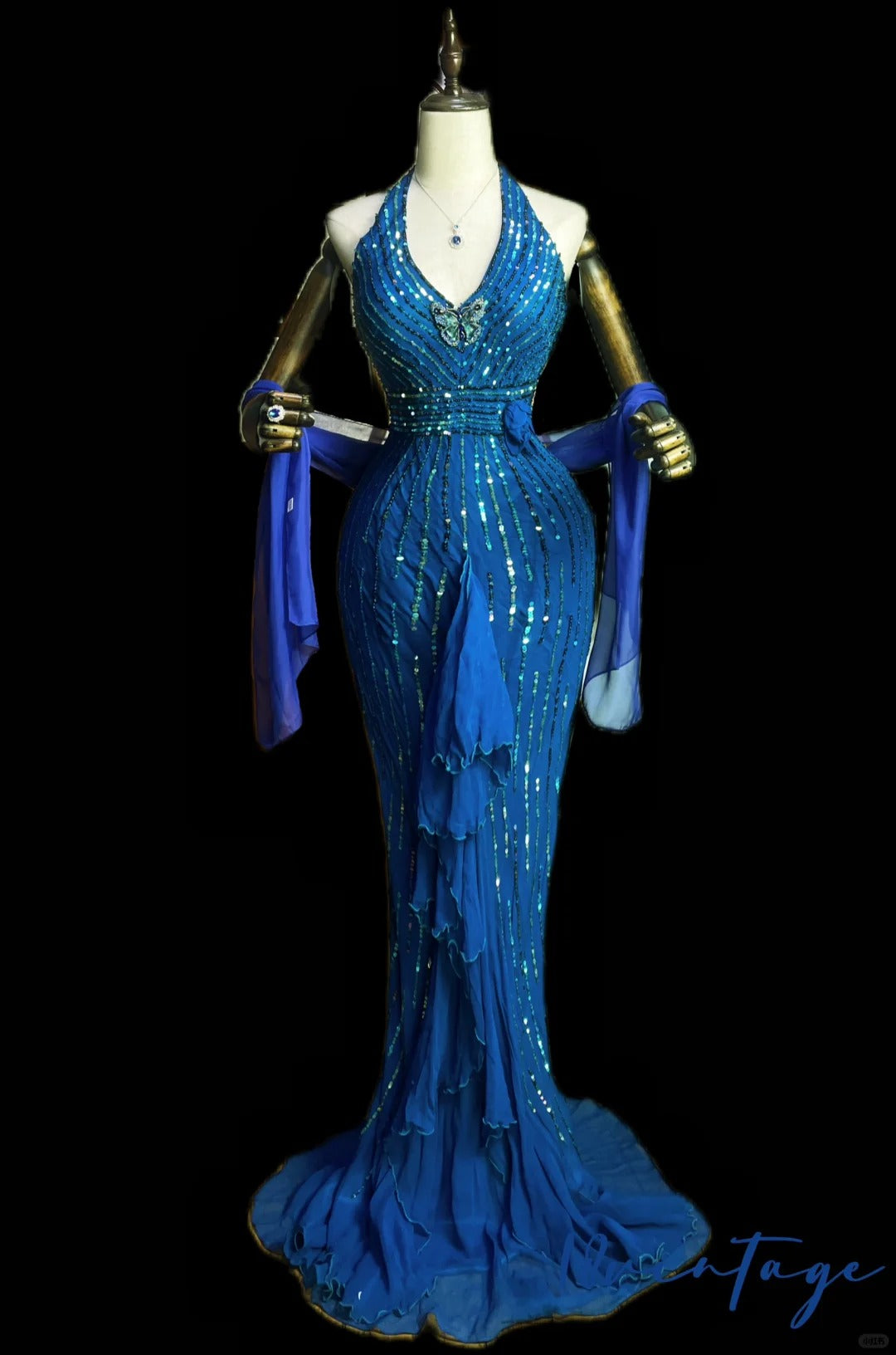 Blue Luxury Gorgeous Shiny Vintage Fashion Floral Exquisite Beaded Sequins Long Mermaid Slim Fit Chiffon Ball Gown Evening Gown nv4061