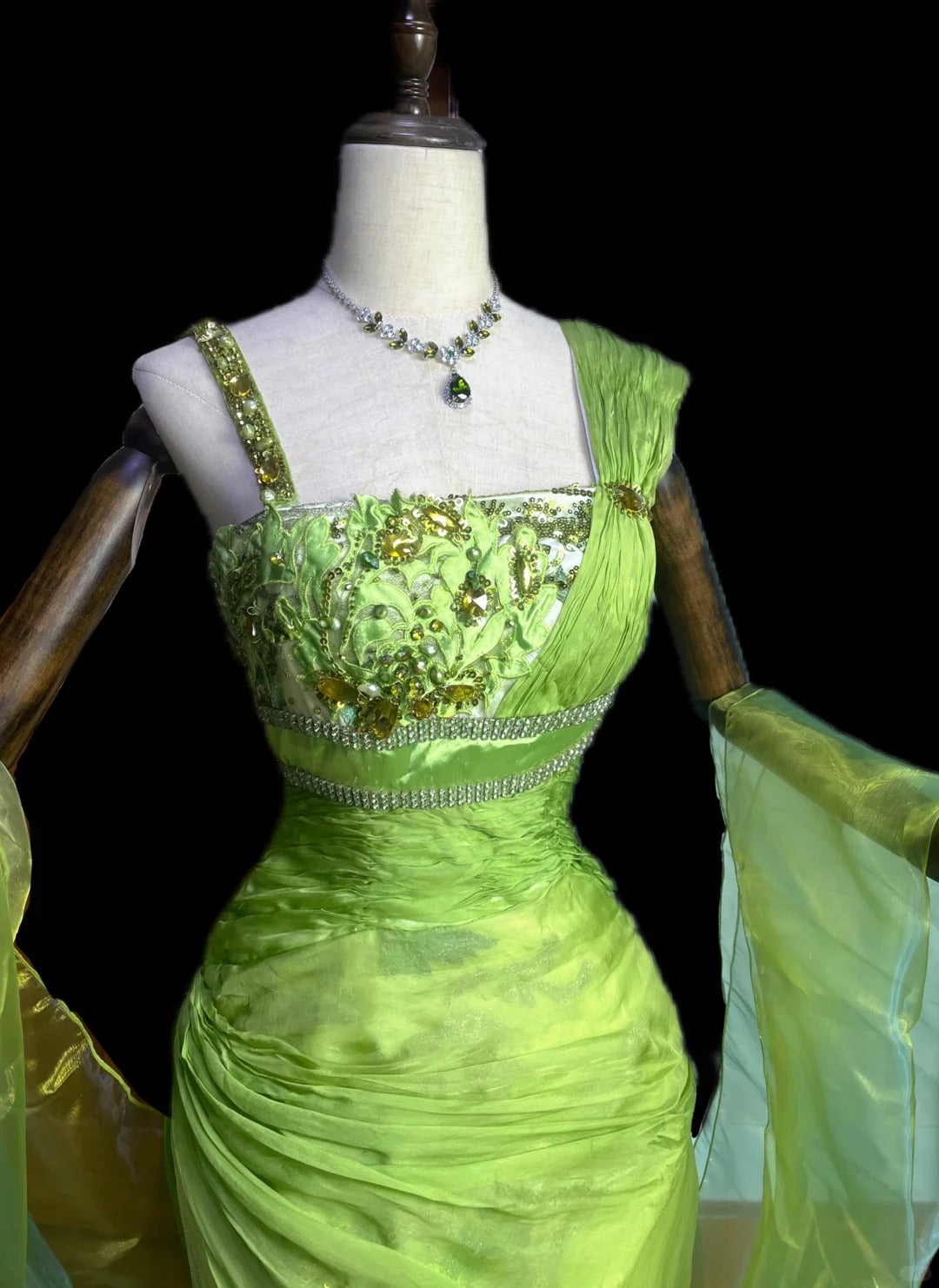 Green Luxury Gorgeous Shiny Vintage Fashion Floral Exquisite Beaded Sequins Long Mermaid Slim Fit Chiffon Ball Gown Evening Gown nv4062