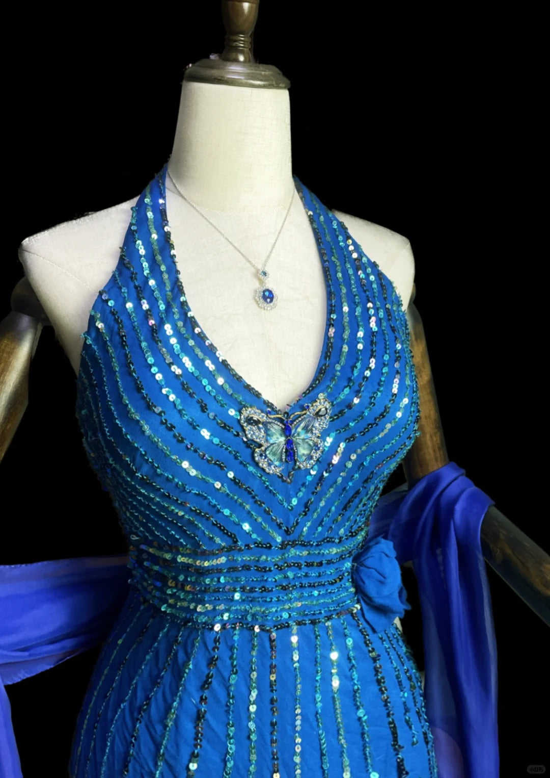 Blue Luxury Gorgeous Shiny Vintage Fashion Floral Exquisite Beaded Sequins Long Mermaid Slim Fit Chiffon Ball Gown Evening Gown nv4061