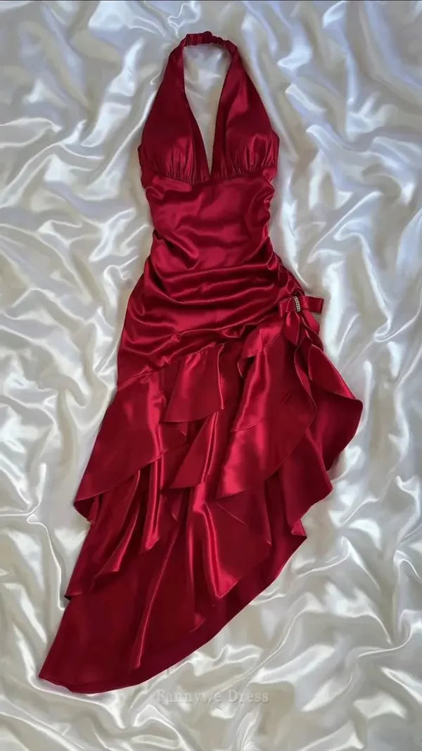 Burgundy Vintage Satin Long Slim Backless Bridesmaid Dress Evening Gown Ball Gown nv4233