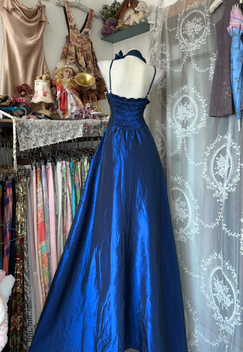 NiceVestidos – Ärmelloses, dunkelblaues, bodenlanges Abendkleid aus Satin in A-Linie, NV5772