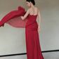 Burgundy One Shoulder Draped Chiffon Pleated Evening Gown with Cape  NV7188