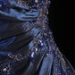 Robe de bal élégante en satin bleu marine, vintage, élégante, à épaules dénudées, longue, à perles, nv3769