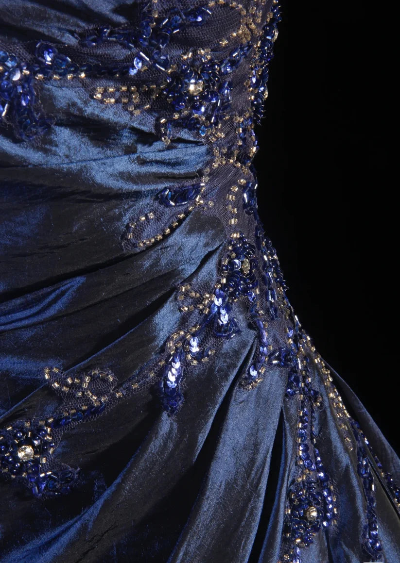 Navy Blue Gorgeous Shiny Vintage Fashion Off Shoulder Exquisite Beading Long Satin Elegant Ball Gown Party Dress Prom Dress nv3852