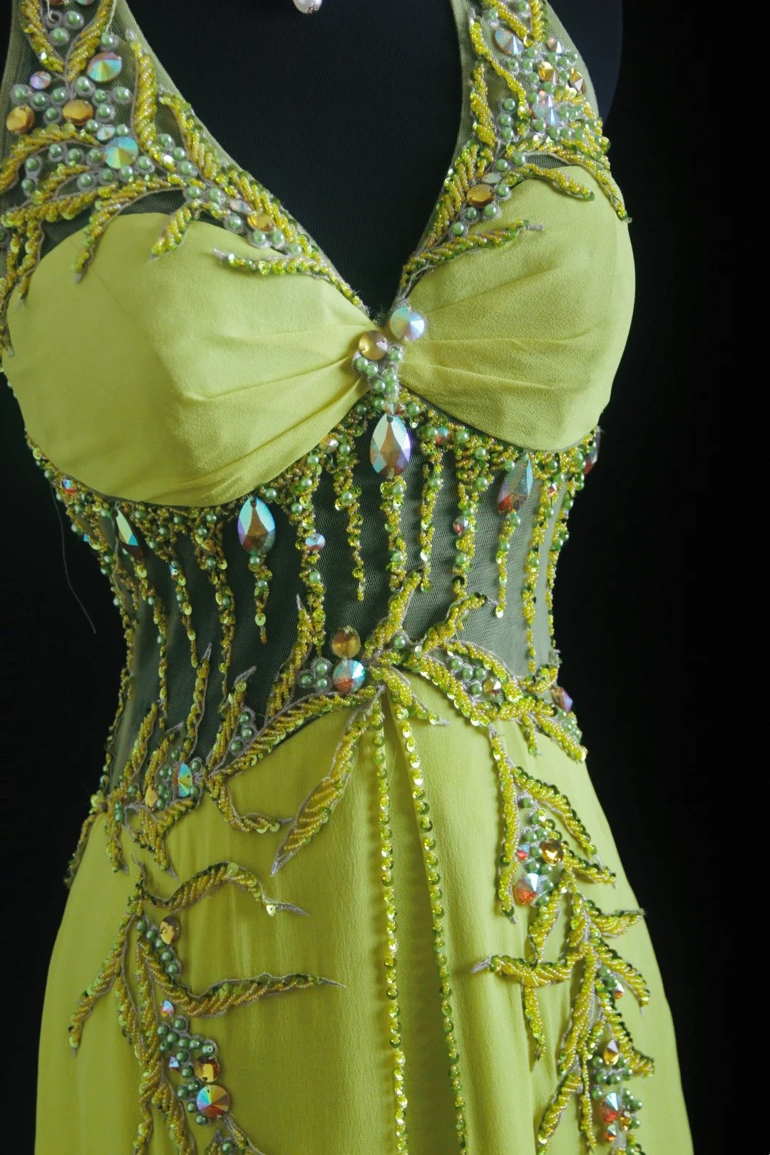 NiceVestidos--Dreamy Handmade Beaded Niche Forest Fairy Tale Nature Art Glam Yellow Green Chiffon Beaded Halter Neck Fitted Long Prom Dress NV5793