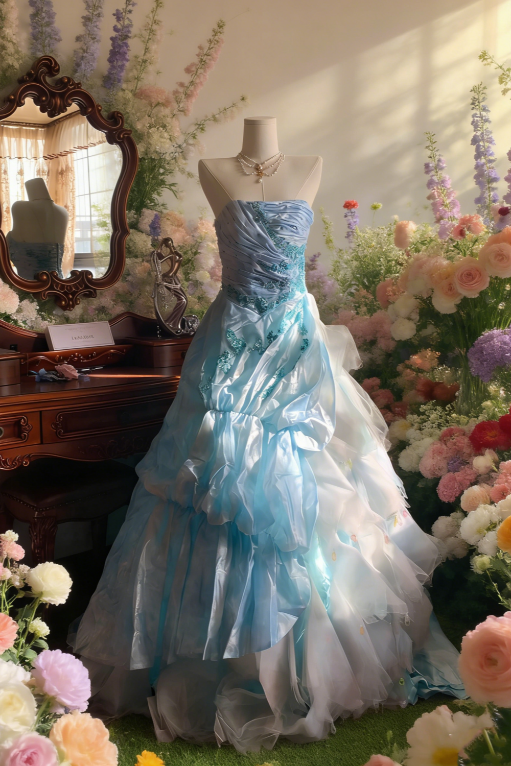 Hellblaues, trägerloses, perlenbesetztes Abendkleid mit Knoten und mehrlagiger Schleppe – Maxikleid für Abendveranstaltungen, Mottopartys und Abschlussbälle (NV6818)