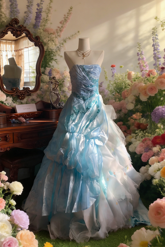 Light Blue Strapless Beaded Gown - Knot Layered Train Evening/Theme Party/Prom Maxi Dress NV6818