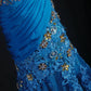Robe de soirée vintage en satin et dentelle, bleu fantaisie, exquise, avec perles florales, nv5211