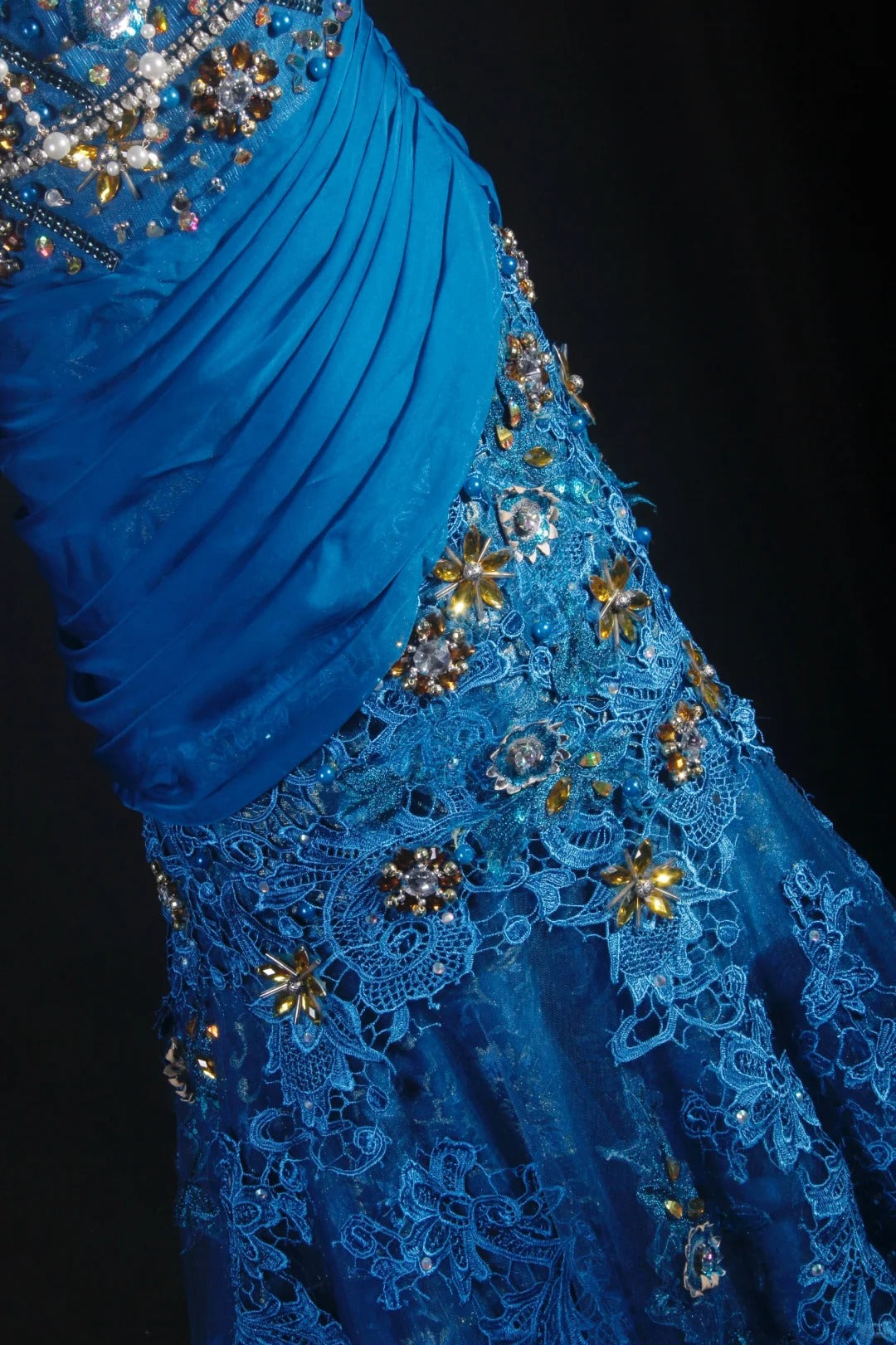 Robe de soirée vintage en satin et dentelle, bleu fantaisie, exquise, avec perles florales, nv5211