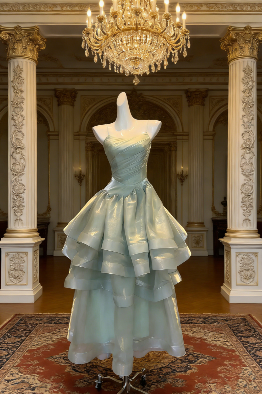 Mint Green Shimmer Organza Thin Spaghetti Strap Gown - Sweet Ethereal Asymmetric Layered Dress  NV6785