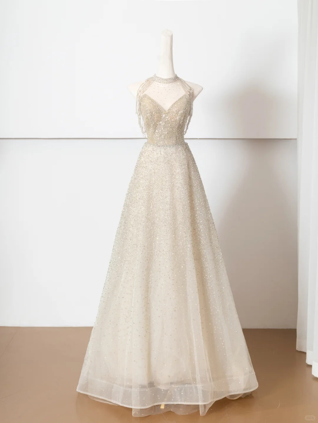 Robe de soirée longue en tulle, élégante et brillante, couleur champagne doré, robe de bal, robe de soirée, nv4753