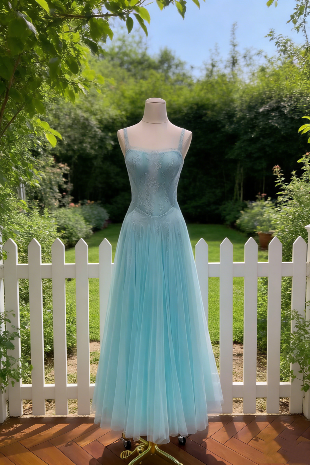 Ice blue lace sparkling thin suspender strapless chiffon grand dress  NV6787