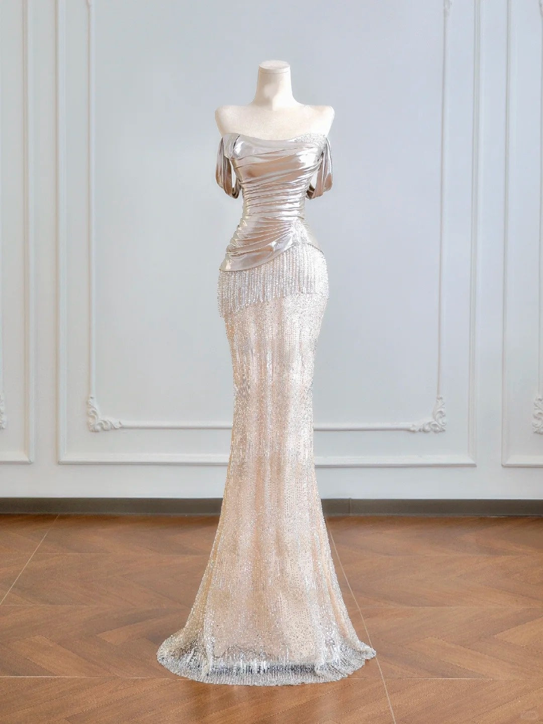 Light Gold Beaded Satin Long Tulle Prom Dress Evening Dress Party Dress nv4945