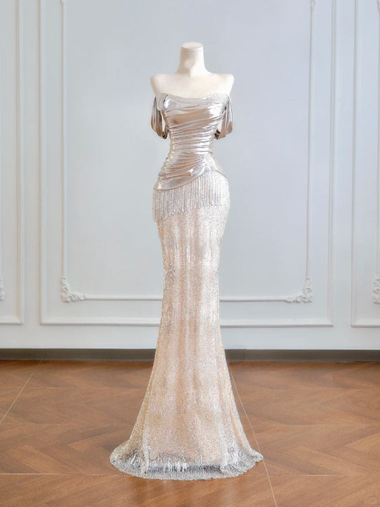 Robe de soirée longue en tulle et satin or clair avec perles nv4945