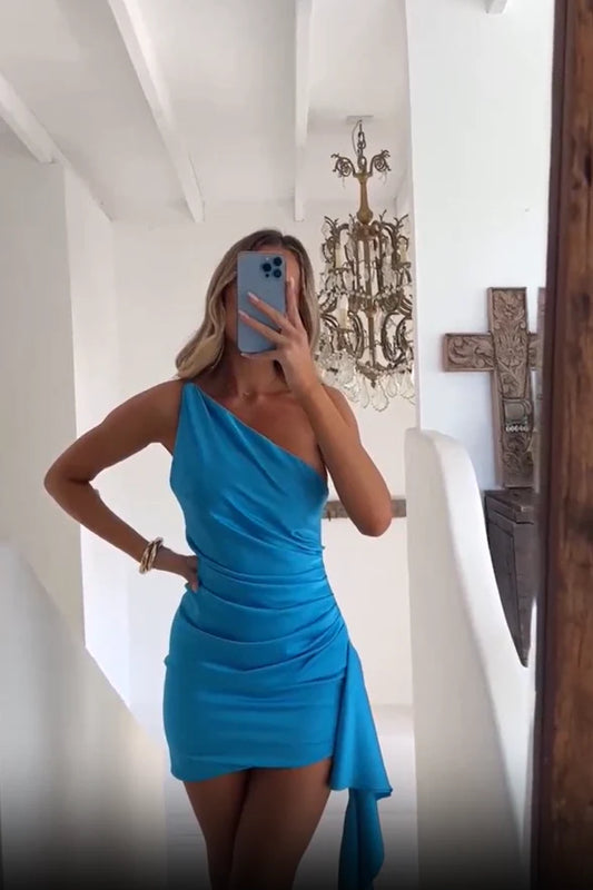 Blaues sexy Cocktailkleid mit einer Schulter und Rüschen, Homecoming-Kleid, Partykleid, NV2144