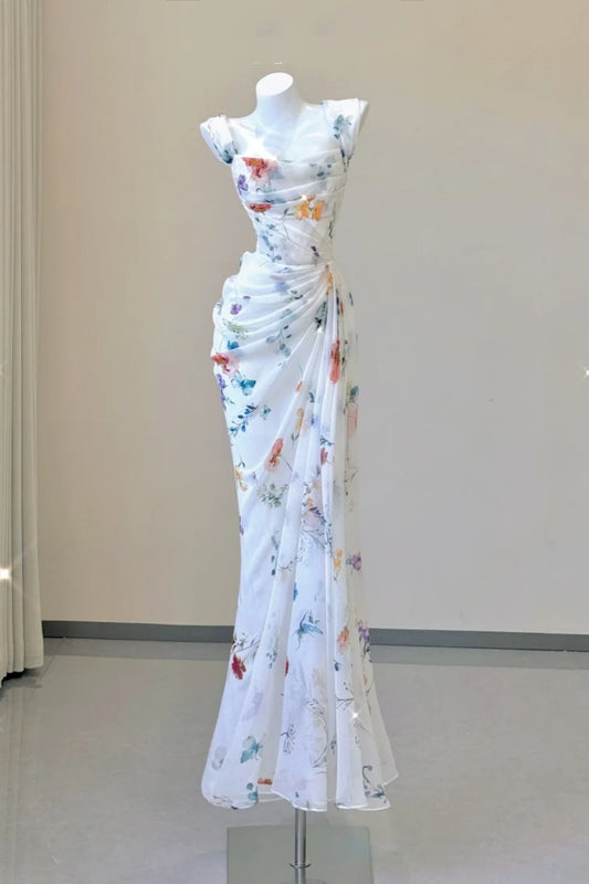 NiceVestidos--Fresh Art Style：Floral Chiffon Waist - Cinched Sleeveless Floor - Length Creative Evening Dress NV5811