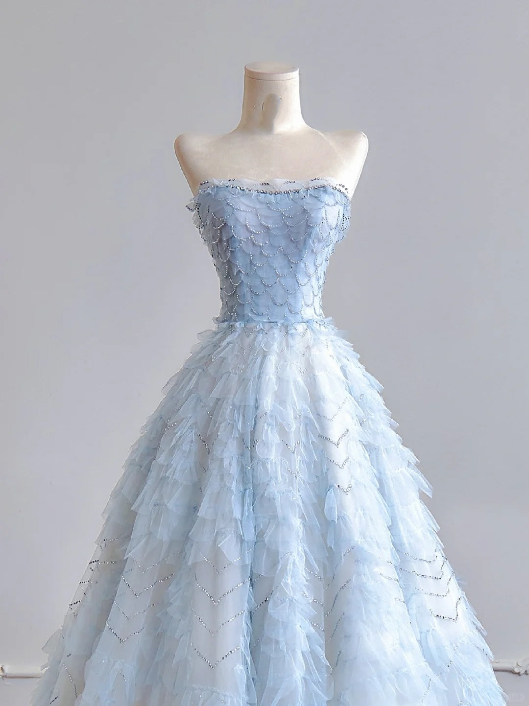 Light blue shiny sequined organza long tulle floor-length ball gown evening dress graduation dress nv5103