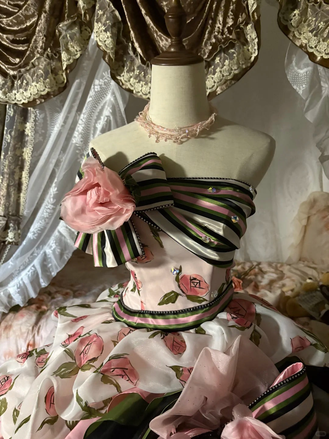 Rosa Blumen Prinzessin Tüll Bodenlanges Ballkleid nv5173