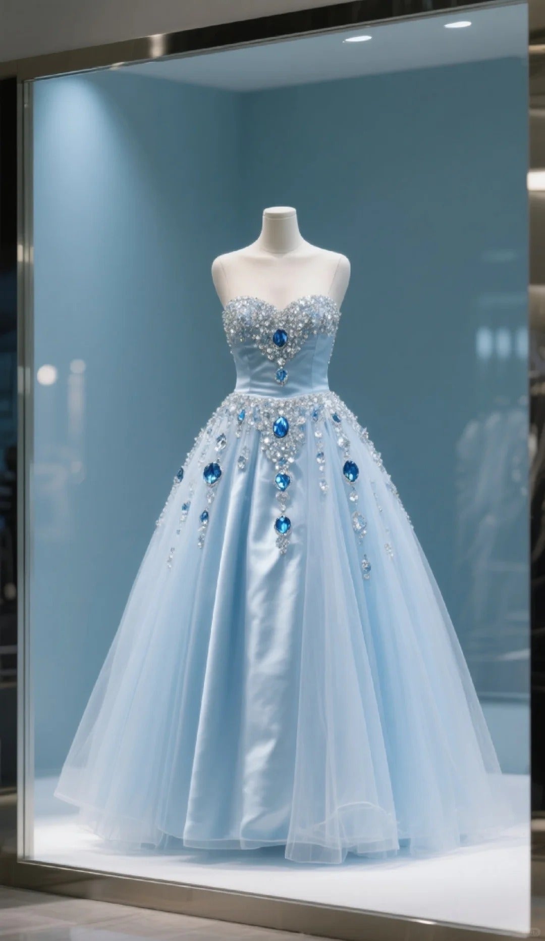 Blaues elegantes wunderschönes langes Prinzessinnen-Ballkleid aus Tüll mit Strasssteinen, NV4429