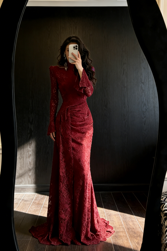 Burgundy Lace High Neck Long-Sleeve Fishtail Gown with Train NV6755