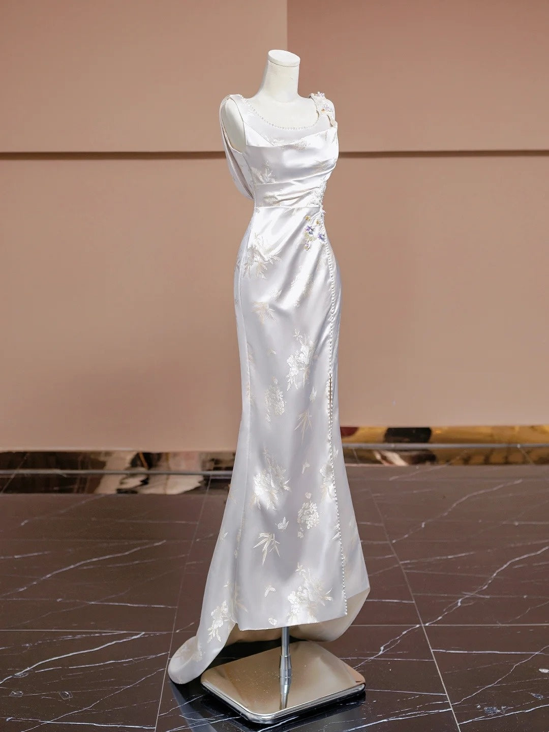 White floral elegant long satin party dress prom dress evening gown nv4542