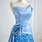 Blue shiny sequins long satin floor-length ball gown evening gown graduation dress nv5104