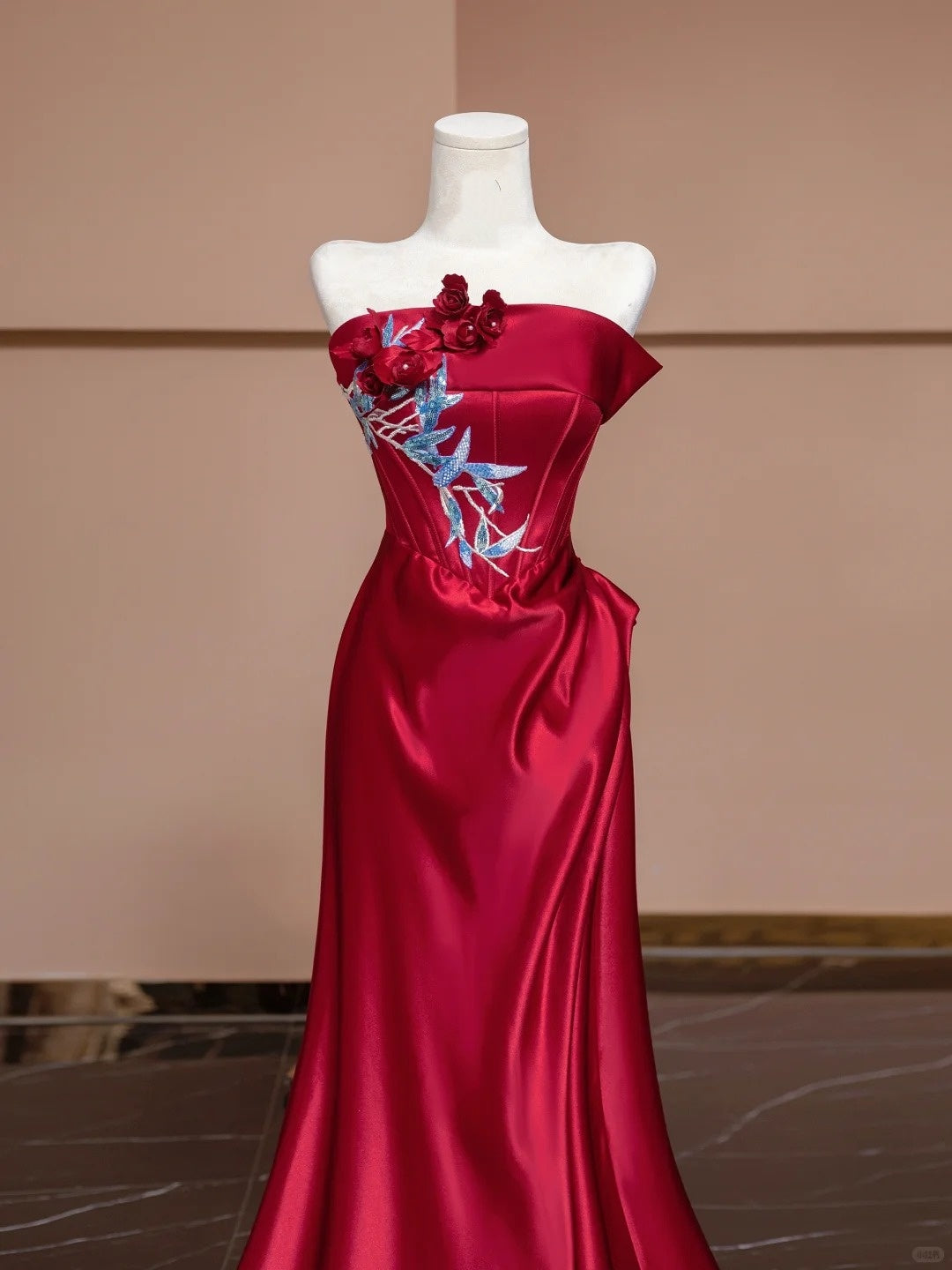 Red Beaded Long Satin Floor Length Ball Gown Evening Dress nv5050