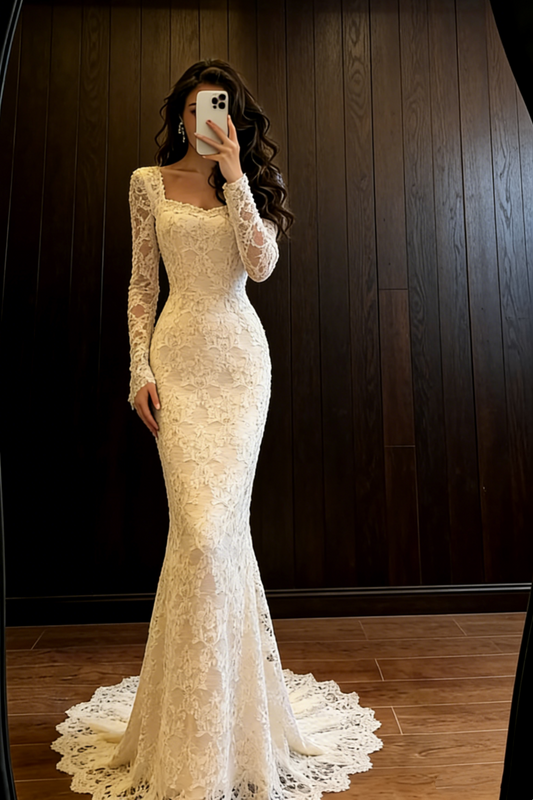 Ivory Lace Square Neck Long-Sleeve Mermaid Wedding Gown with Train NV6754