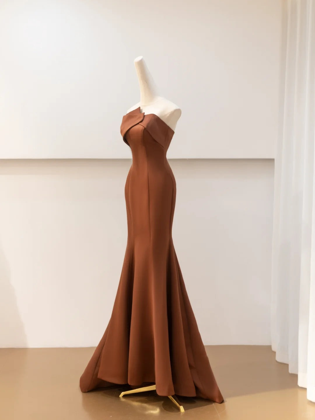 Brown Satin Elegant Long Mermaid Tulle Prom Dress Evening Dress Party Dress nv4752