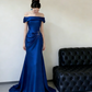 Tiefseeblaues schulterfreies Abendkleid mit Wasserfallausschnitt, Perlenbesatz und Schleppe – Maxikleid für Abendveranstaltungen, roten Teppich und Themenbälle NV6824