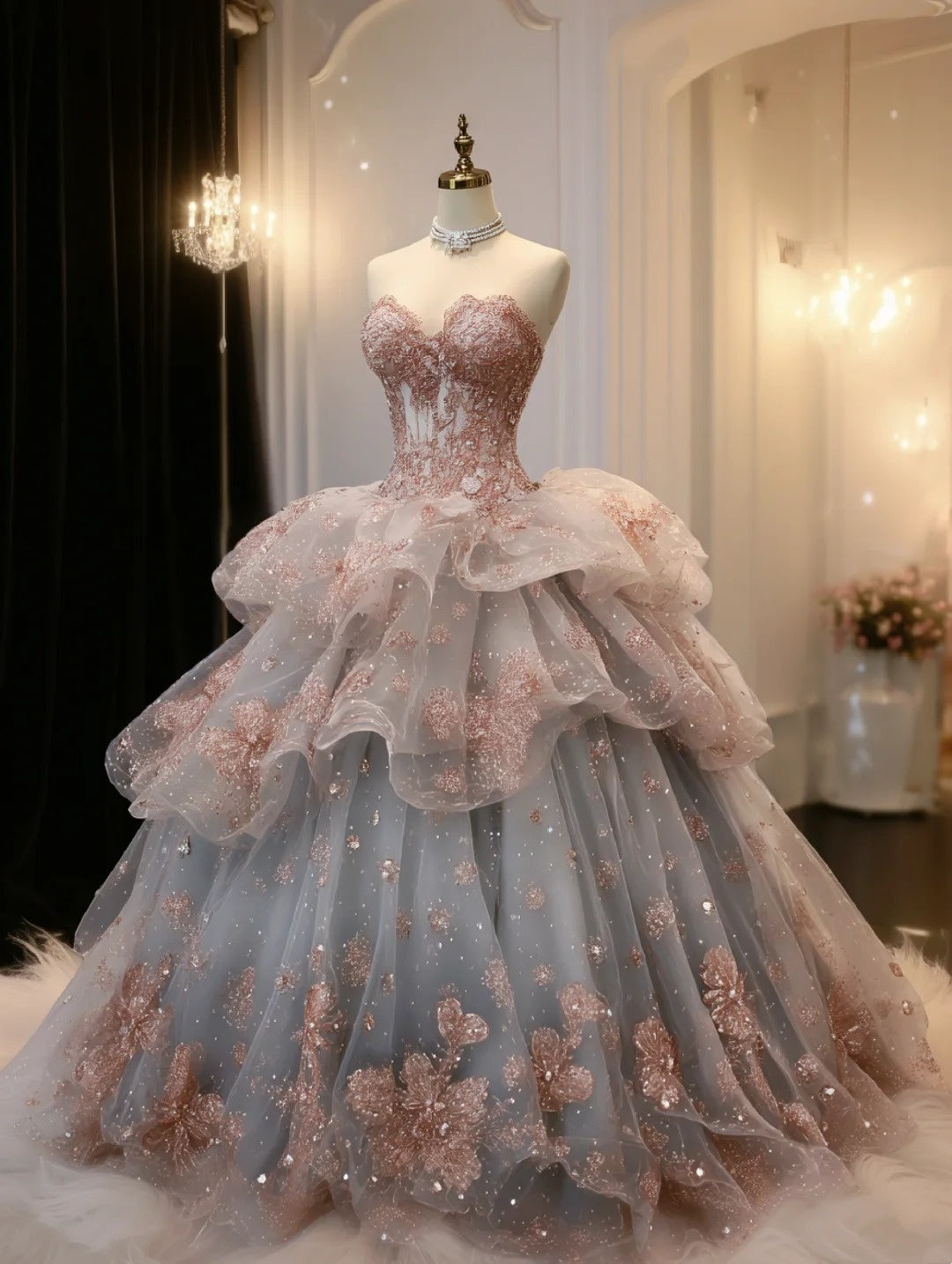 Éclat de neige poudrée | Robe rose champagne pour un bal d'hiver NV6516