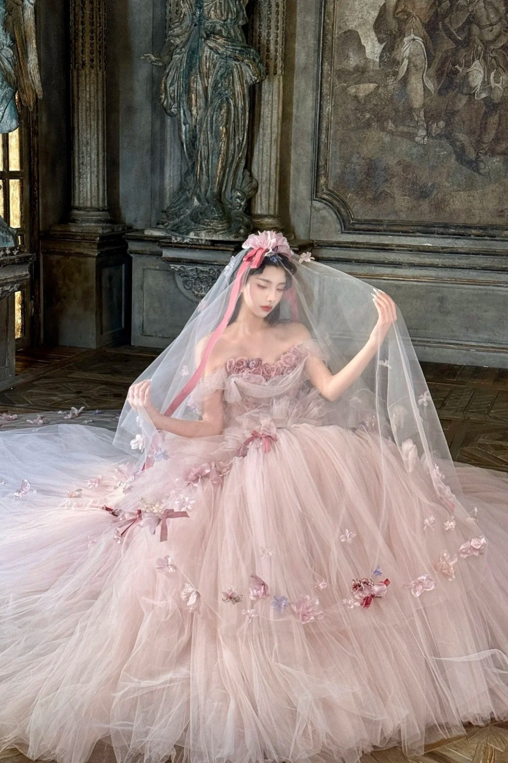 Pink floral long tulle ball gown NV6654