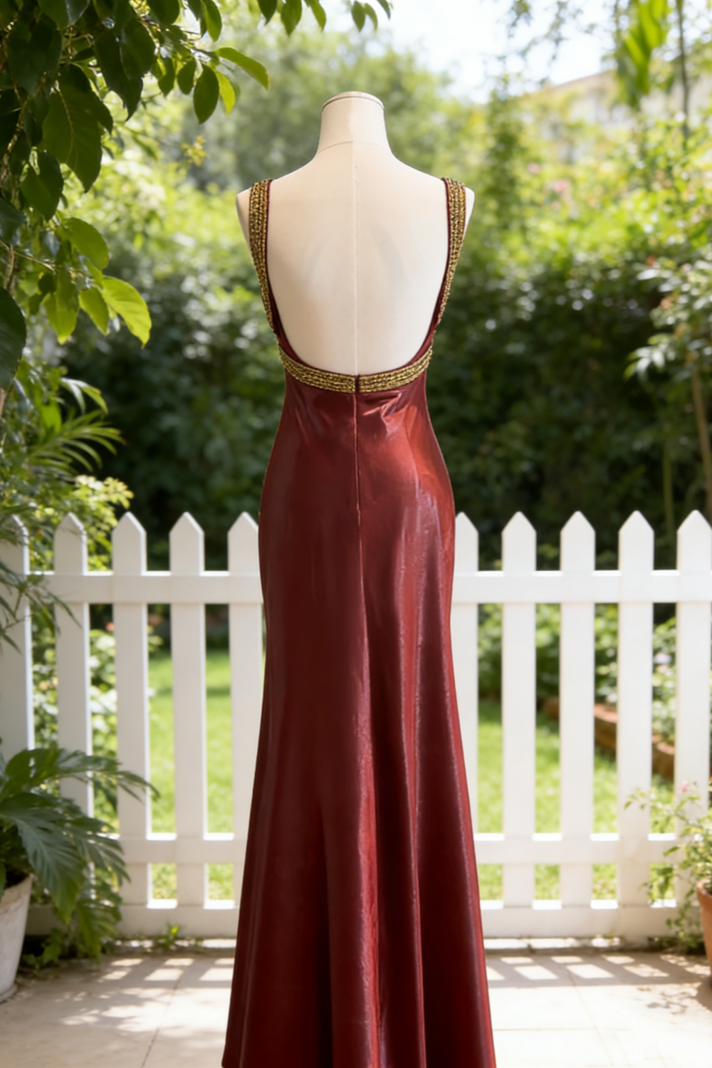 Burgundy Satin Sweetheart Neck Sleeveless Gown - Vintage Luxury Gold Beaded Mermaid Maxi Dress  NV6789