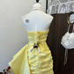 Retro French Style Yellow Satin Ruched Strapless Mini Gown - Luxury Dress for Afternoon Tea & Date NV6362