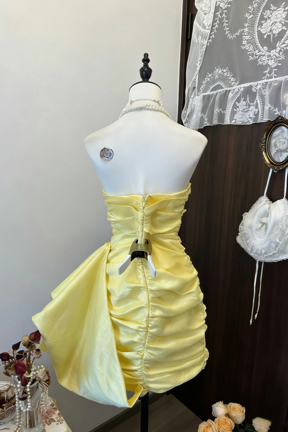 Retro French Style Yellow Satin Ruched Strapless Mini Gown - Luxury Dress for Afternoon Tea & Date NV6362
