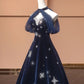 Blue Exquisite Star Beaded Long Velvet Prom Dress Ball Gown Evening Gown Party Gown nv4732